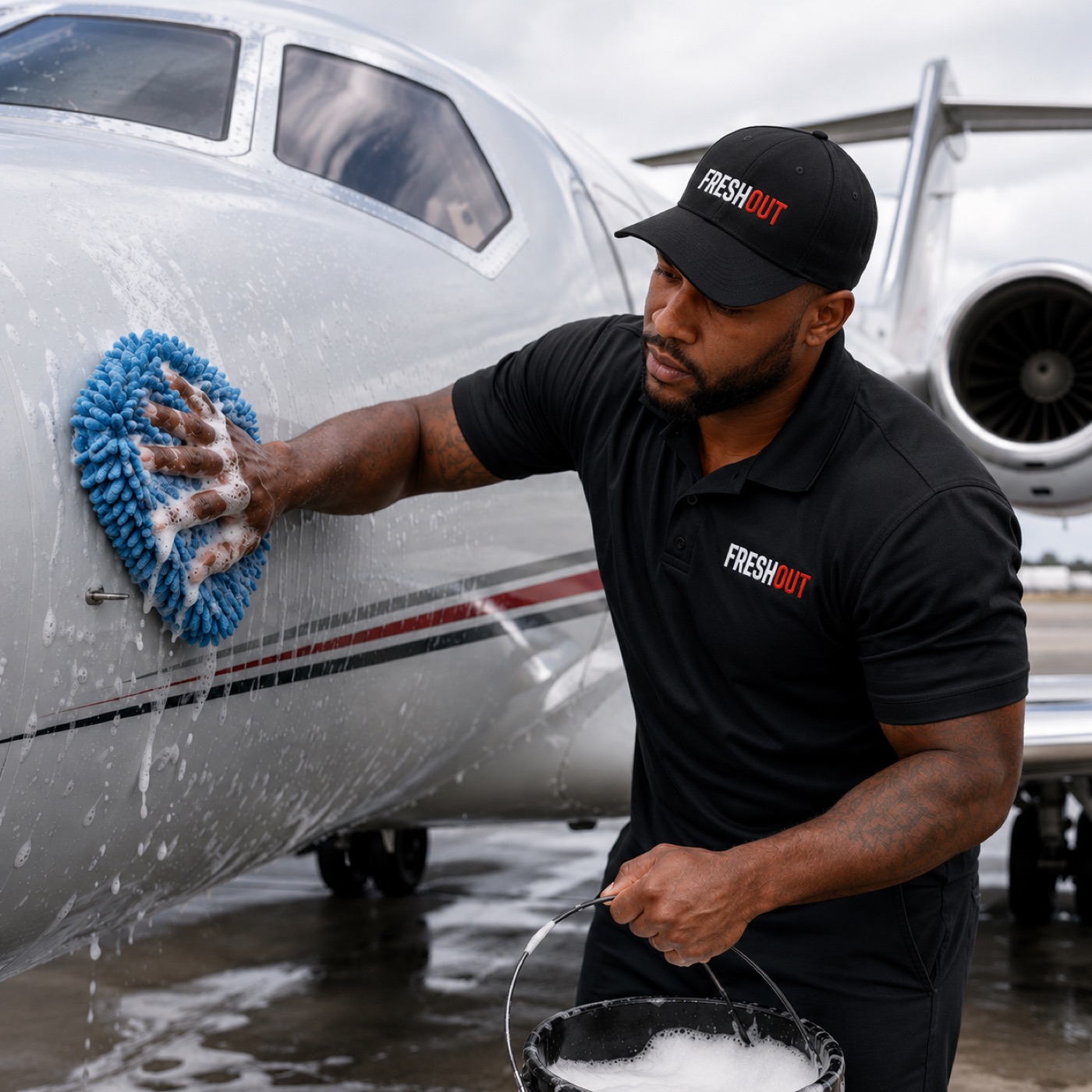 Montrell in Fresh Out gear hand-washing the fuselage of a private jet, suds bucket in hand